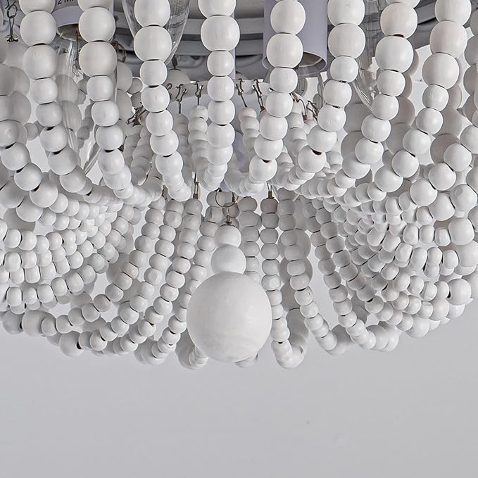 4-Lights Bohemian Flush Mount Ceiling Light Wood Beaded Mini Chandelier Farmhouse Ceiling Lighting Fixtures for Bedroom Dining Room Foyer Kitchen Hallway Nursery Room Walk in Closet, White