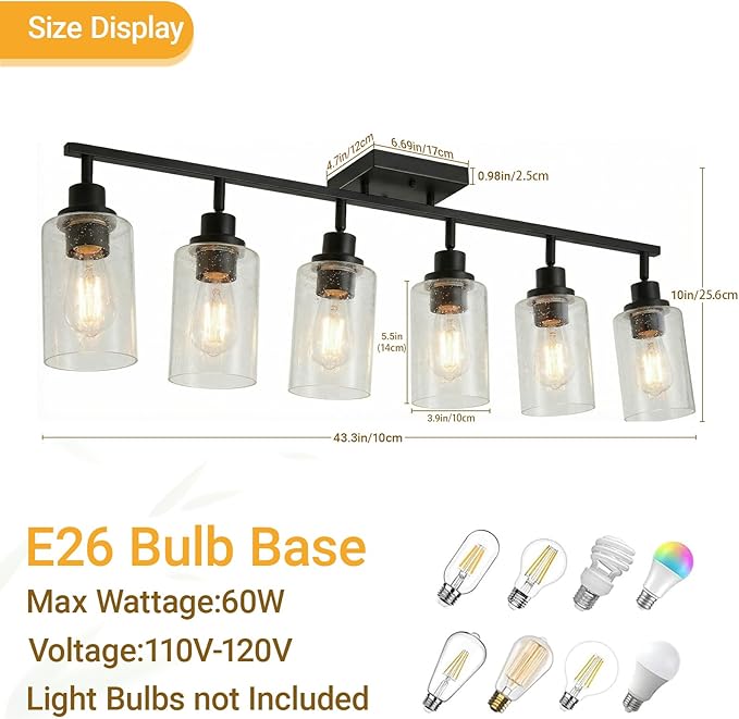 LOUSACE 6-Light Track Light Fixture, Black Bathroom Lighting Fixture Ceiling with Seeded Glass, Modern Directional Ceiling Spotlight Flush Mount for Living Room Bar Hallway Studio