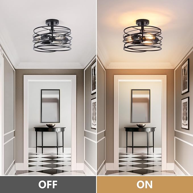 Black 3-Light Rustic Drum Semi Flush Ceiling Light Fixture, Retro Farmhouse Chandeliers Metal Cage for Dining Room, Industrial Pendant Light Fixture for Entryway Kitchen Foyer Bedroom