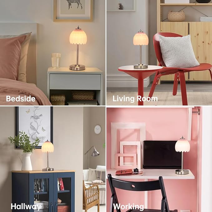 Shenmoyl Rechargeable Table Lamp with 5200mAh Battery & Touch Control - 3 Adjustable Color Temperatures, Cordless Dimmable Table Light for Bedroom, Office Desk, Nightstand (Creamy Pink,Silver Base)