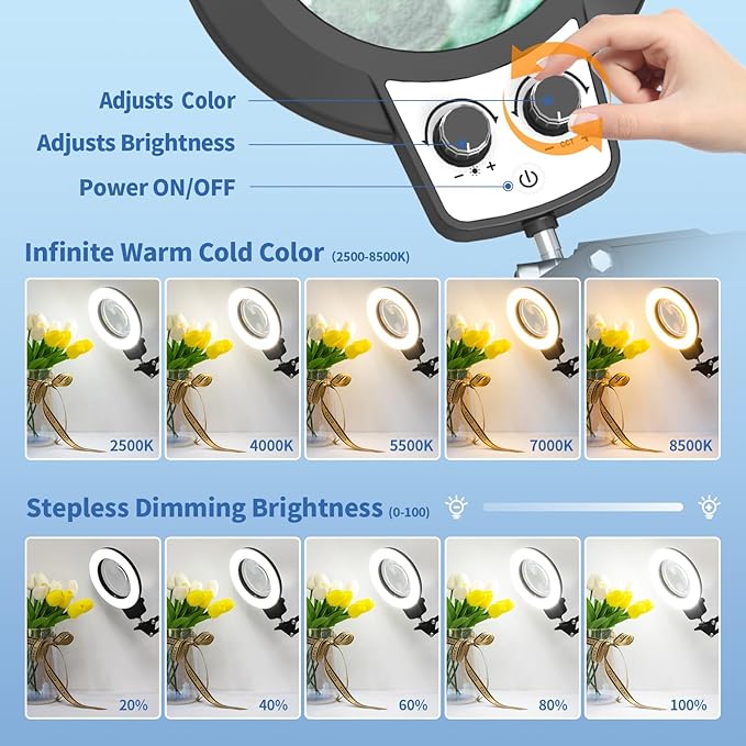 HITTI 12X Magnifying Glass with Light, 2026 Infinite Color and Stepless Dimming Desk Large Lamp & Clamp,2-in-1 LED Hands Free Lighted Magnifier for Craft Hobby Soldering(12X Square Base & Clamp)