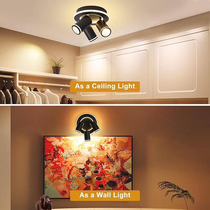 LED 3 Light Track Lighting Kit, Black Round Ceiling Spot Lighting Fixture with Flexibly Rotatable Heads, Modern Spotlight for Kitchen, Living Room, Bedroom, Dual Lighting Design,Includes 3 x GU10 Bulb