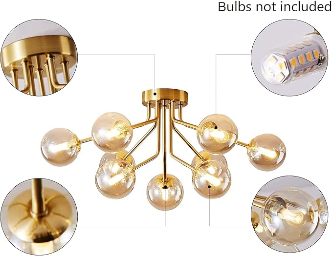 Mid Century Gold Modern Sputnik Chandeliers 9 Light Semi Flush Mount Ceiling Light Fixture Pendant Lamps Bulbs with Glass Globe Lighting for Bedroom Kitchen Dining Room Office