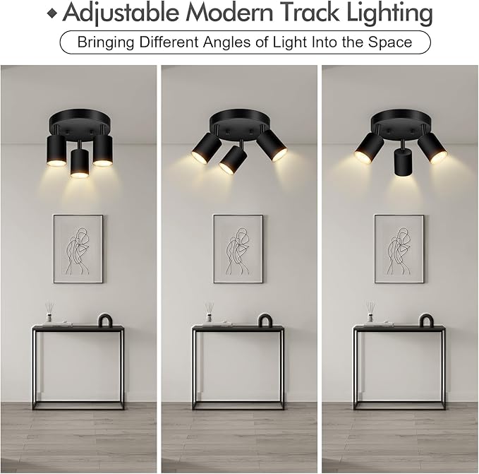 3 Light Track Lighting Fixtures Ceiling, Matte Black Round Directional Ceiling Spotlight, GU10 Flush Mount Ceiling/Wall Fixture, Adjustable Modern LED Track Light for Kitchen/Living Room, No Bulb