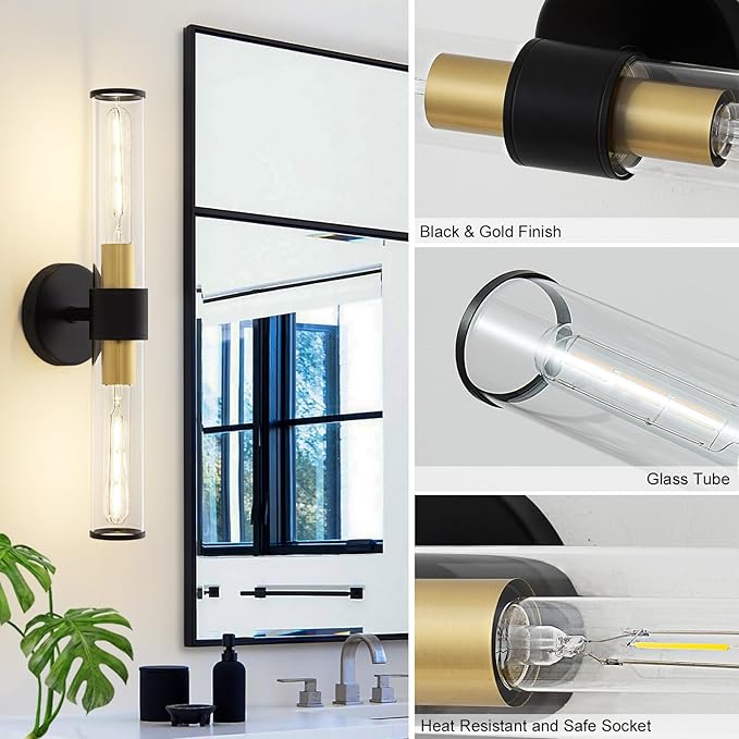 Black and Gold Wall Sconce, Bathroom Light Fixtures in Clear Glass Indoor Wall Sconces, Modern Sconce Wall Lighting Up and Down Vanity Lights Fixtures for Bathroom - Bulb Not Included