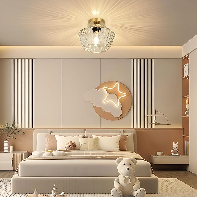 FRIDEKO HOME Semi Flush Mount Ceiling Light - Glass Hallway Lighting Fixtures Ceiling Black Ceiling Light Fixture for Hallway Bedroom Kitchen Bathroom Entryway (Bronze Gold)