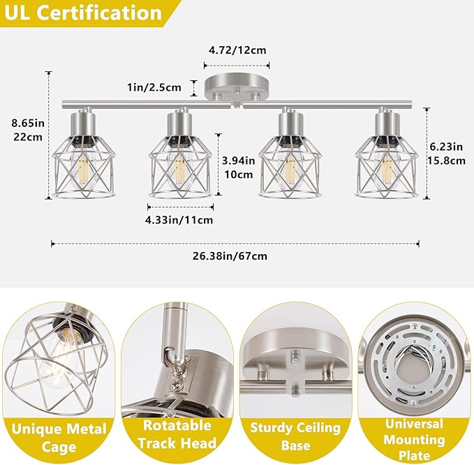 4-Light Kitchen Lighting Fixtures, Adjustable Multi-Directional Brushed Nickel Track Ceiling Light, Semi Flush Mount Ceiling Spotlight with Wire Cages for Living Room, Bedroom, Hallway