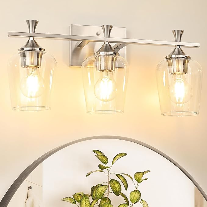 3 Light Bathroom Vanity Light - Silver Bathroom Lighting Fixtures Over Mirror, Modern Wall Sconces with Transparent Glass Lampshade for Bedroom Living Room Kitchen Cabinet Stair Hallway