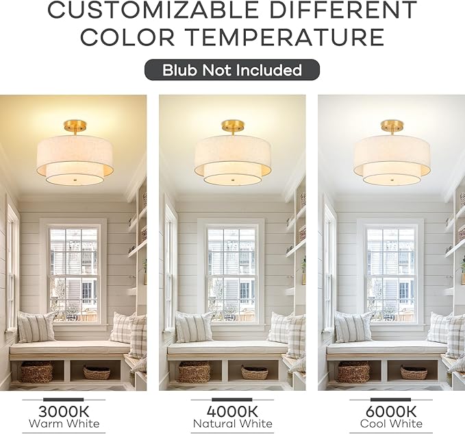 16" Semi Flush Mount Ceiling Light, 3-Light Double Drum Fabric Linen Shade for Living Room, Bedroom, Kitchen, Dining Room, Hallway and Entryway