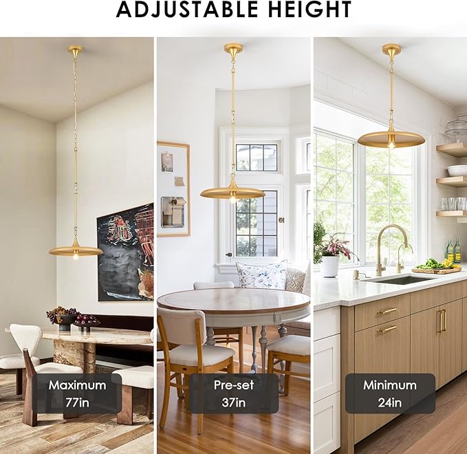 Gold Pendant Light 15.7in Pendant Lights Kitchen Island Pendant Light Fixture with Adjustable Brass Gold Modern Pendant Lighting for Dining Room Kitchen Sink, E26