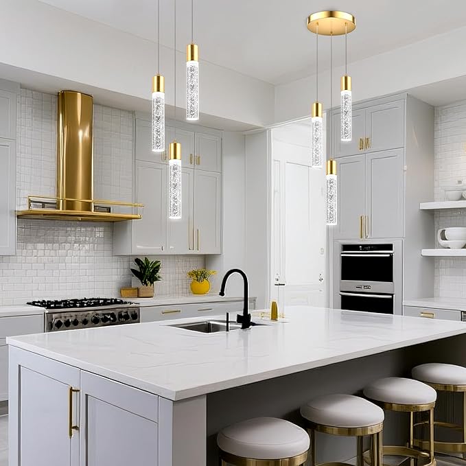 Pendant Lights Kitchen Island, Modern Kitchen Island Lights, Ceiling Lighting Fixtures with Crystal Bubble, Integrated LED Hanging Light Goid 1 Pack(3-Light)