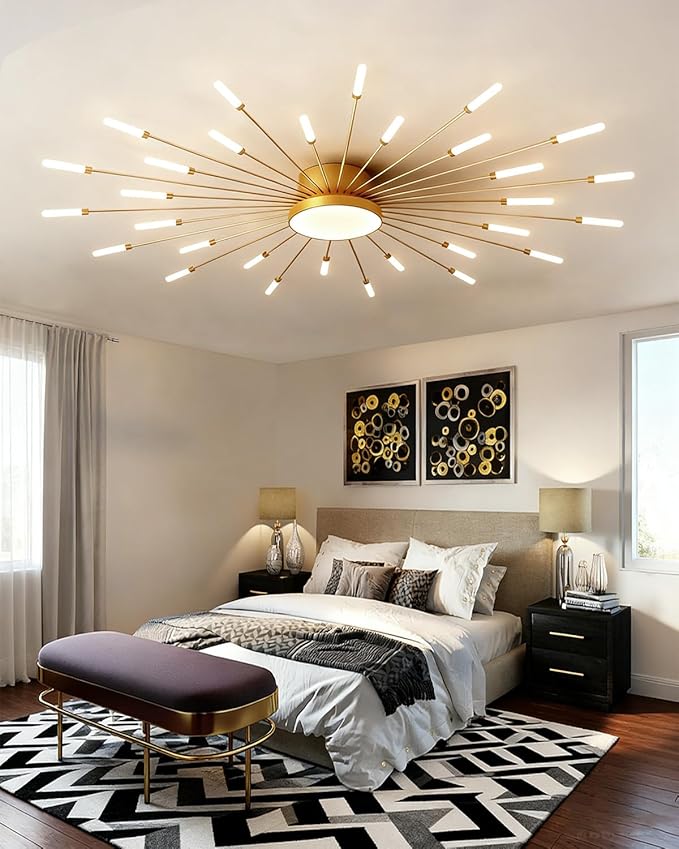 50 Inch Led Ceiling Light Fixture 30 Lights Modern Sputnik Ceiling Light Flush Mount Ceiling Lamp Gold Indoor Lighting for Living Room Bedroom 4000K Decorative Fireworks Chandelier