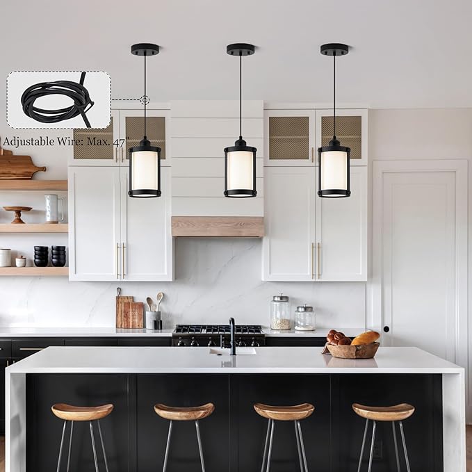 Black Pendant Lights Kitchen Island, 1-Light Modern Mini Hanging Light Fixtures with Milk Glass, Farmhouse Kitchen Pendant Lighting Over Island for Sink Dining Room, OS-3014-1PBKW