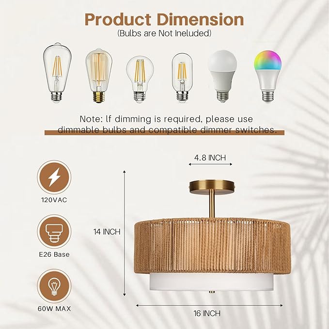 16'' Semi Flush Mount Ceiling Light Fixture, Boho Light Fixtures with 2-Tier Drum White Fabric Shade, 3-Light Farmhouse Rattan Drum Light Fixture for Bedroom, Living Room, Kitchen