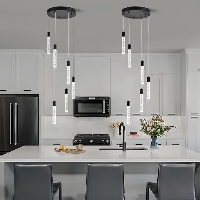 6-Light Matte Black Integrated Crystal Pendant Chandelier,Dimmable LED Ceiling Light with Adjustable Height for Kitchen Island, Dining Room & Bedroom 3000K -6000K