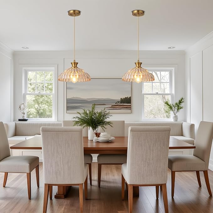 Amber Glass Pendant Lights, 2Pack Brushed Gold Lighting 11.8" Glass Light Fixtures Modern Glass Chandelier Vintage Hanging Ceiling for Kitchen Island Dining Room Restaurant Bedroom Foyer