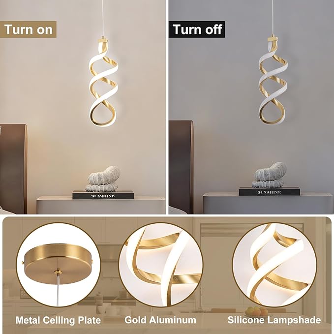 Modern Led Pendant Light Fixture, 15W Spiral Led Chandelier Hanging Lamp, 3000K-6000K, Dimmable Pendant Lamp, Adjustable Height Pendant Light for Kitchen Island Dining Room Bedroom Cafe (Gold)