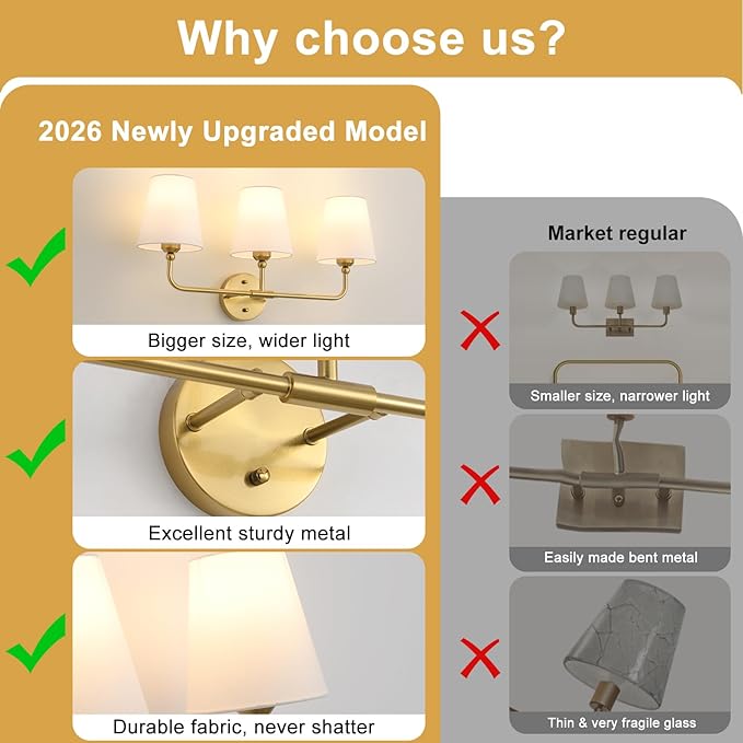 Bathroom Light Fixtures, 3-Light Brushed Gold Vanity Lights, 24.5" Bathroom Lighting Fixtures Over Mirror with Flared White Fabric Shade, Modern Wall Sconces for Bedroom Living Room Hallway