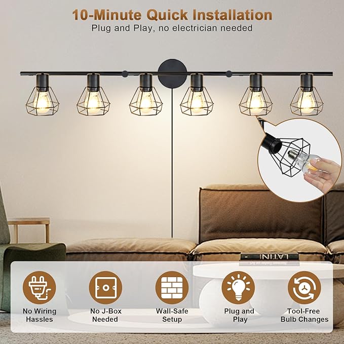 LTBLIGHT Plug in Track Lighting, 6-Light Rotatable Ceiling Light Fixture Black with 16.4ft Cord & On/Off Rocker Switch, Spotlight for Living Room Kitchen Bedroom, E26 Base