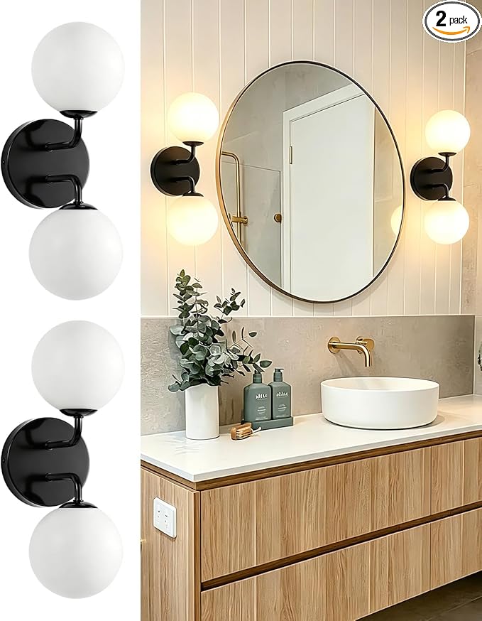 Yunnix Black Bathroom Vanity Light, Modern Globe Vanity Lighting Fixtures with Milk White Glass Shade, Mid Century Vanity Lights Wall Sconce Over Mirror for Bathroom Hallway Entryway (2 Pack)