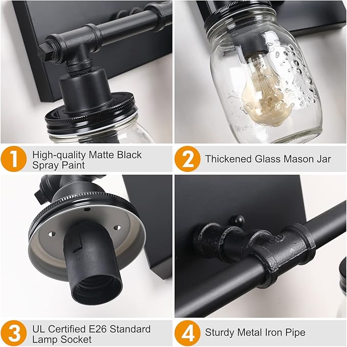 2 Light Bathroom Vanity Light Black Bathroom Light Fixture, Industrial Farmhouse Wall Sconce with Glass Shades, Mason Jar Vanity Light Fixture, Pipe Wall Lamp for Mirror Bedroom Hallway Living Room