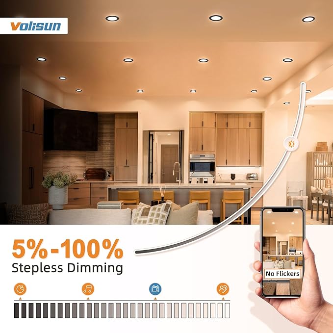 VOLISUN 6 Pack 4 Inch Black Recessed Light with Night Light, Canless LED Recessed Lighting 4 inch, 2700K-5000K Selectable, 9.5W=80W,810LM Soffit Lighting Outdoor Recessed Lights, ETL Certificated