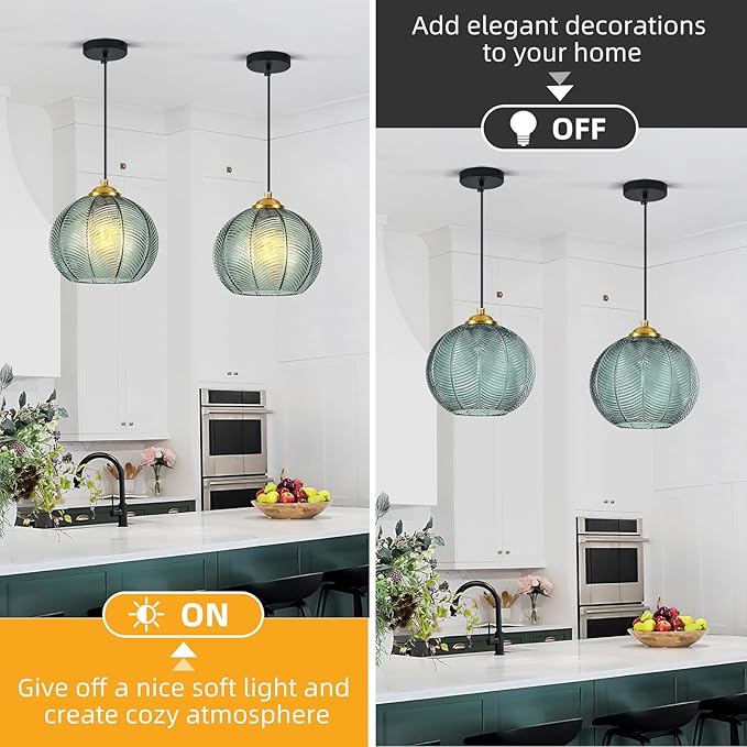 Mikeru 3-Pack Mint Glass Pendant Lights Kitchen Island Lighting Single Globe Pendant Light Fixtures Century Modern Kitchen Island Pendant Lighting for Bedroom Living Dining Room Light (Without Bulbs)