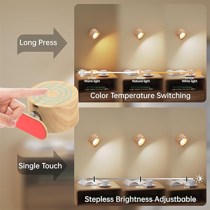 AKSDA 3Pack Battery Operated Wall Sconce, 3 Color Modes 3 Brightness Levels 360°Rotation Lighting Timer Touch & Remote Control, Wall Mounted Lamp LED Wall Lights for Bedroom Reading Bedside (Wood)