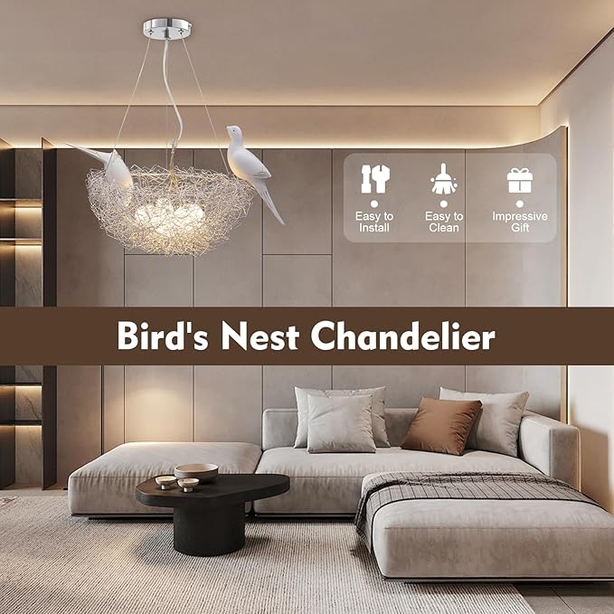 5 Lights Bird's Nest Pendant Light LED Chandelier w/Adjustable Cord Woven Nest Chandelier for Living, Dining, Study, Bedroom, Silver Dia 40cm