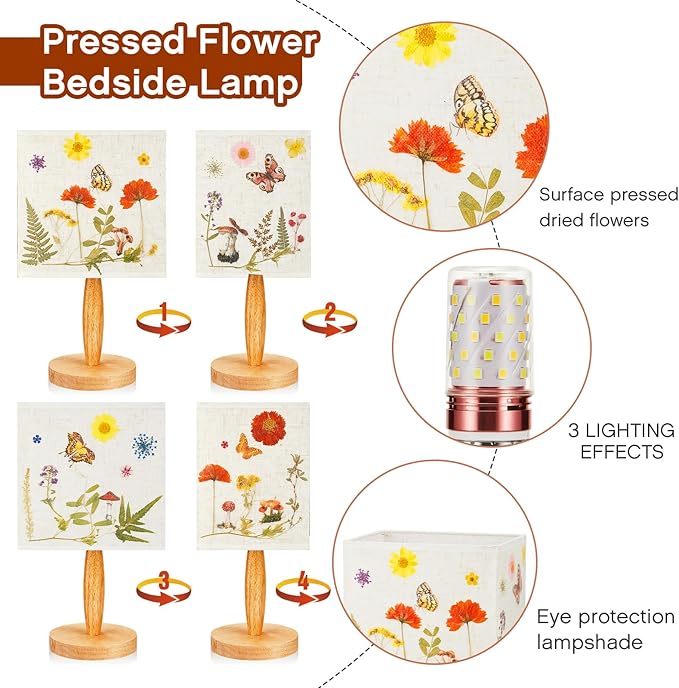 Hortsun Pressed Flower Lamp Vintage Table Small Lamp Cottagecore Decor Boho Night Light Decorative Rustic Night Light for Bedroom, Living Room or Office, Valentine Gift for Women(Square)