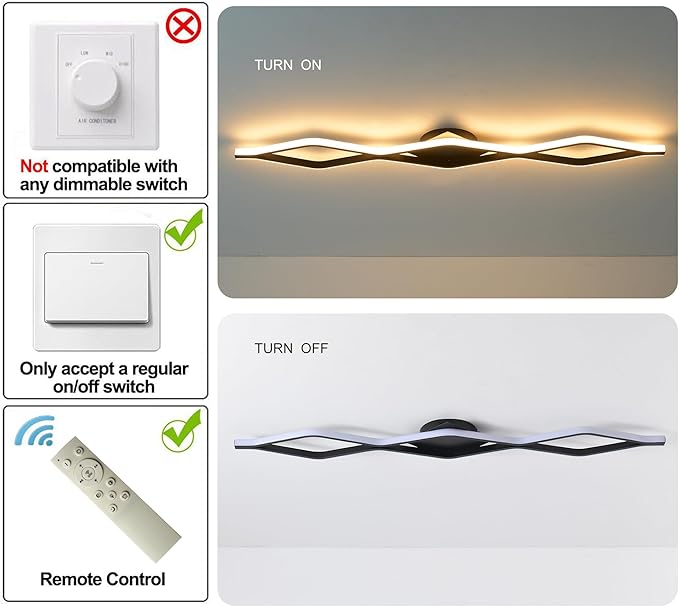Qcyuui Dimmable LED Ceiling Lights 46.4'' Kitchen Lighting Fixtures Ceiling Black Flush Mount Ceiling Light with Remote Linear Ceiling Light for Kitchen Bedroom Dining Room Hallway,24W