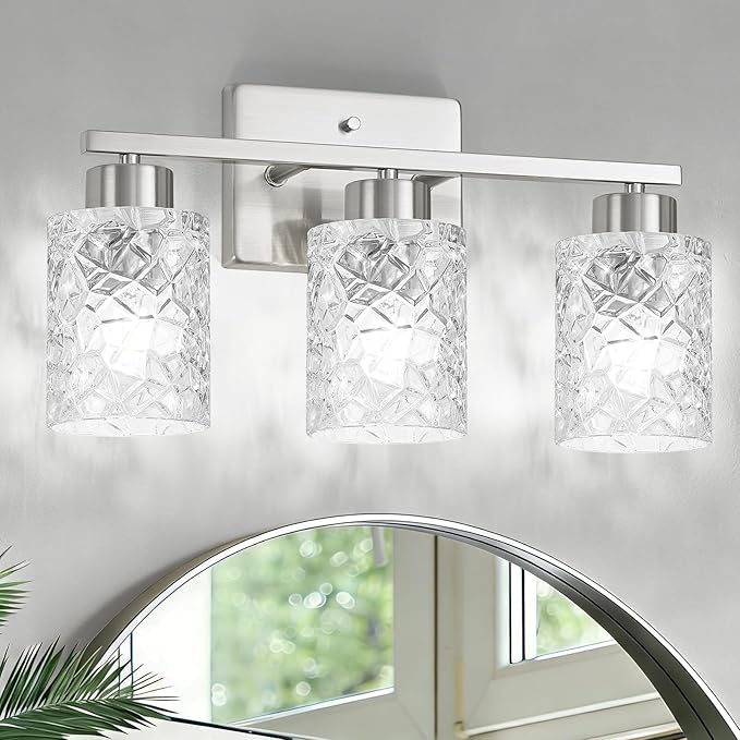Brushed Nickel Bathroom Light Fixtures, 3-Light Modern Bathroom Vanity Wall Light, Vanity Lights for Mirror, Wall Sconces with Clear Textured Glass (E26 Socket, Bulbs Not Included)