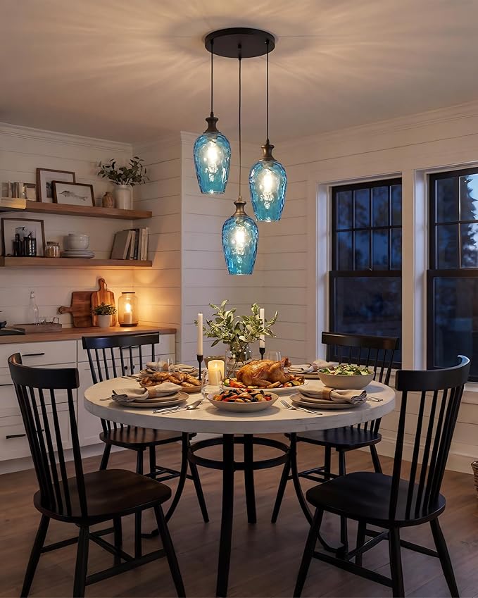 3-Light Pendant Lighting, Black Dining Room Chandelier Light Fixture Over Table with Blue Hammered Glass, Modern Cluster Hanging Lights for Kitchen Island Sink, E26