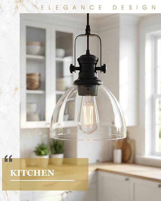 2-Pack Pendant Lights Kitchen Island, 7.5" Farmhouse Black Pendant Lighting with Clear Glass Shade, Vintage Hanging Light Fixtures for Dining Room Entryway, Adjustable Cord, AD-22151-1P2-BK-C
