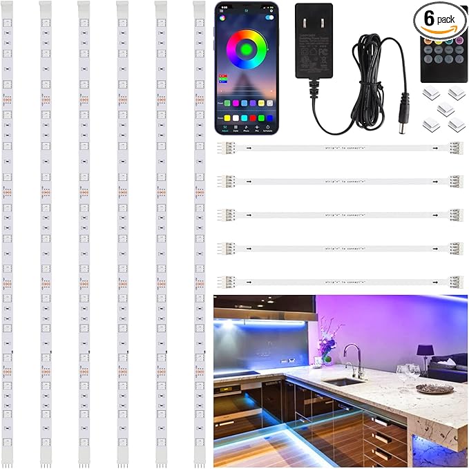 6 PCS RGB Under Cabinet Lighting Kit, App and Remote Control Led Strip Lights, Music Sync Color Changing Led Lights with ETL Listed Power Adapter, for Cabinet, Counter, Shelf, Bookcase, 9.8ft