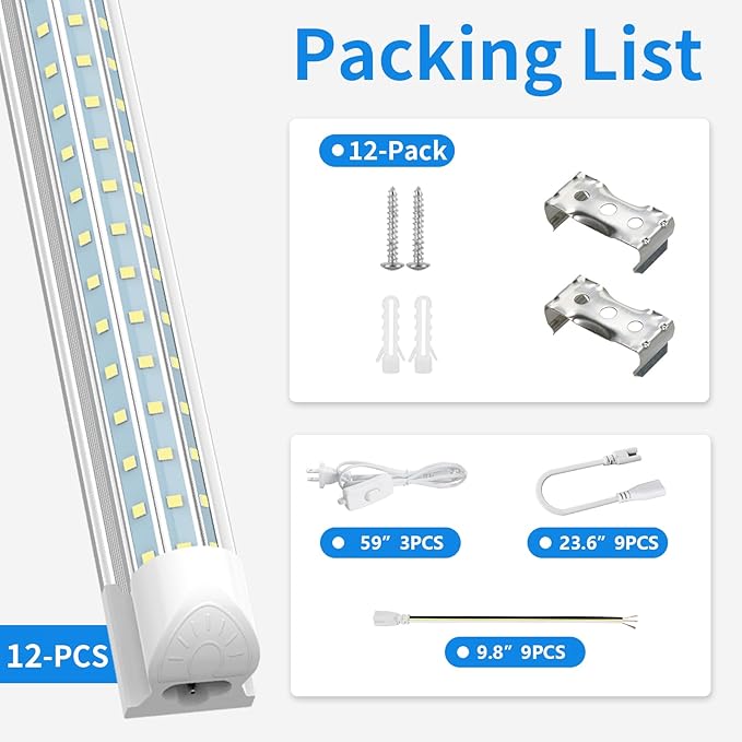 SHOPLED (12 Pack LED Shop Light 4FT, 48W 7200LM 6000K Cool White, D-Shaped, Linkable LED Light Fixtures, T8 Tube Lights 4FT for Workshop Garage Basement, ETL Listed