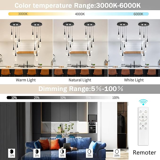 6-Lights Adjustable Pendant Lights for Kitchen Island LED Dimmable Light Fixture Modern Glam Crystal Hanging Lighting for Dining Room Bedroom Black