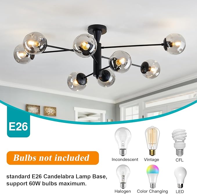 hesoge Modern Sputnik Ceiling Lights Black Semi Flush Mount Ceiling Fixture with Glass Globes 8 Light Large Chandelier for Dining Room Bedroom Living Room Kitchen Farmhouse.