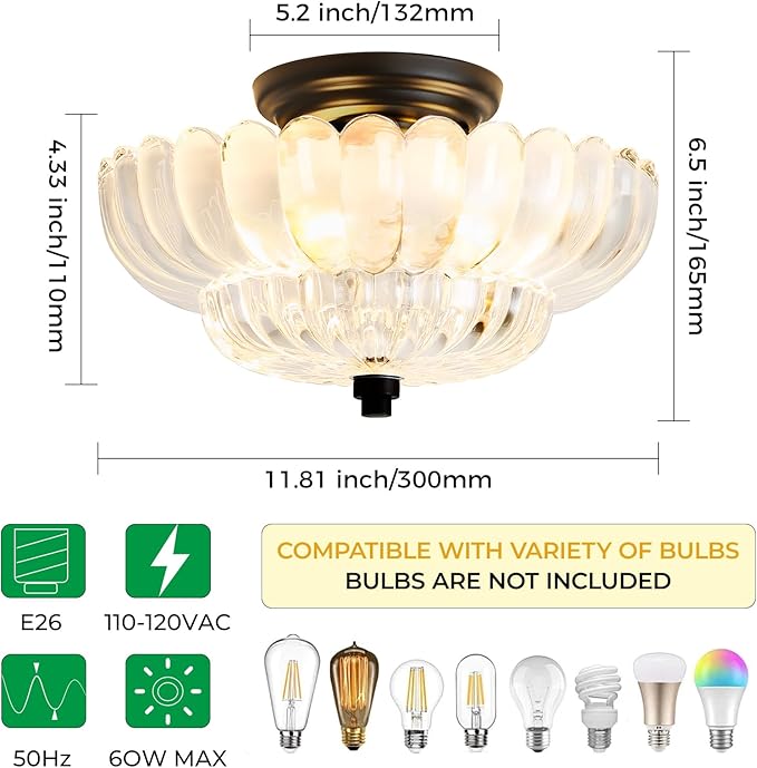 Semi Flush Mount Ceiling Light Fixture Vinatge Black Ceiling Lights Mid Century Modern Clear Glass Close to Ceiling Lighting Fixtures for Bedroom Hallway Foyer Bathroom Kitchen Laundry Room Nursery