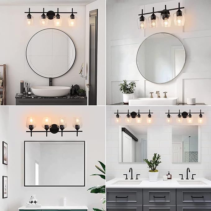 Bathroom Light Fixtures 4-Light Brushed Nickel Bathroom Vanity Light with Clear Glass Shade, Modern Wall Lights for Bedroom Hallway Living Room (Black, 4-Light)