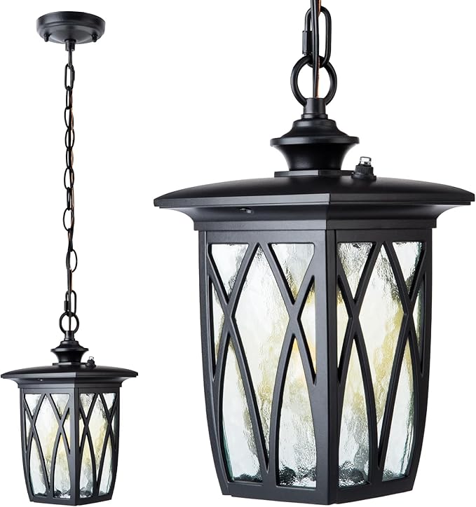 JYZ Dusk to Dawn Outdoor Pendant Lantern, 12 Inch Craftsman Style Exterior Hanging Light with Water Ripple Glass, Traditional Outdoor Chandelier for Front Porch Patio Garden Gazebo Pergola
