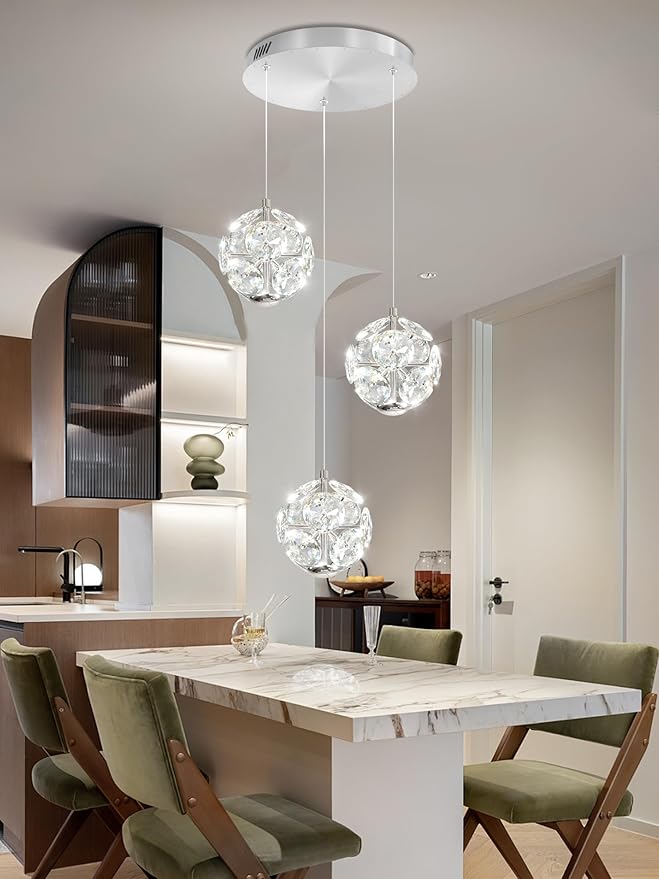 ykolupty Silver Dining Room Chandelier Light Fixture 3-Light Crystal Globe Pendant Lighting Modern Kitchen Island Cluster Hanging Pendant Lights LED Dimmable 2700-6000K