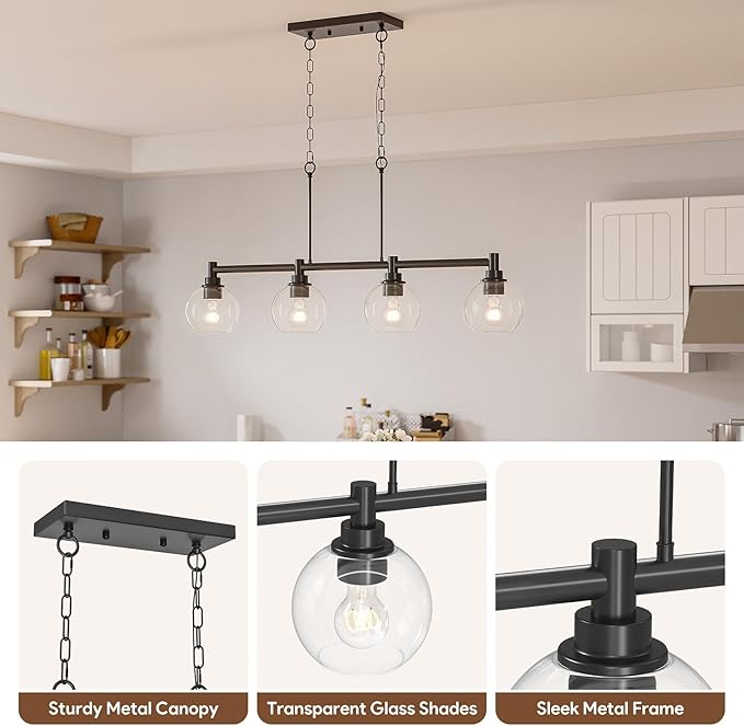 VONLUCE Dining Room Light Fixture Over Table, 4-Light Kitchen Island Lighting with Round Glass Shades & Adjustable Hanging Heights, Linear Chandlier for Dining Room Kitchen, Black, ETL Certificated