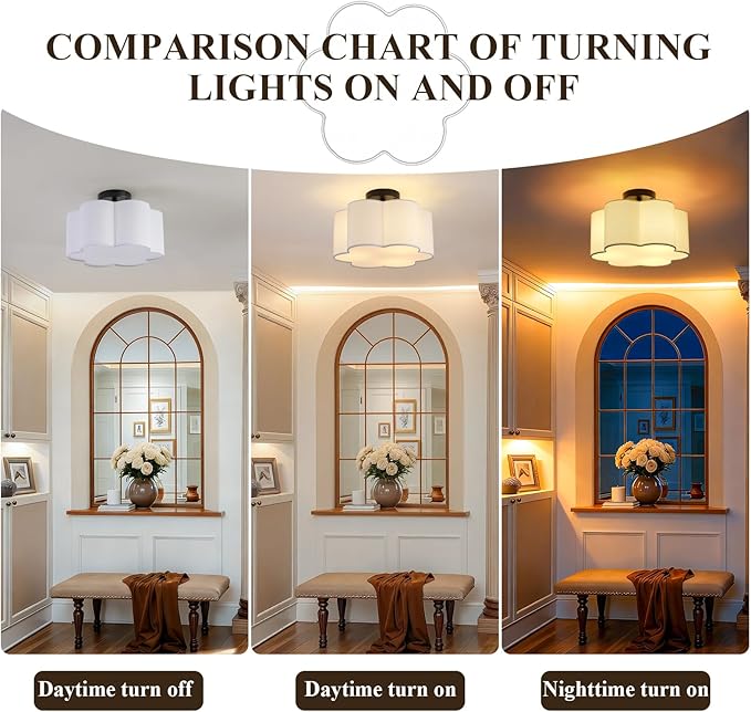 Semi Flush Mount Ceiling Light, Modern Close to Ceiling Lamp with White Flower Fabric Shade 3-Light Farmhouse Brass Ceiling Light for Nursery Bedroom Kitchen Hallway Entryway