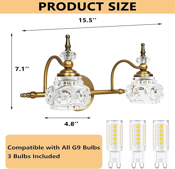 Montex Brass Bathroom Light Fixtures, Gold Vanity Light Vintage, Bathroom Vanity Light Fixtures, Wall Sconces Lighting for Bedroom, Living Room, Hallway, 2 Lights