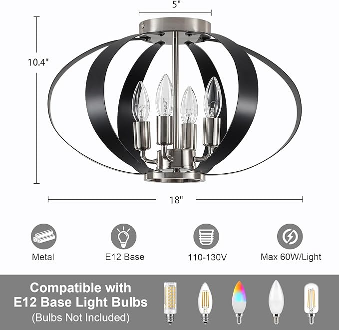Black and Brushed Nickel Semi Flush Mount Ceiling Light, 4-Light Farmhouse Modern Light Fixtures Ceiling Mount, Metal Cage Stair Lights for Kitchen, Hallway, Entryway, Living Room, Bedroom