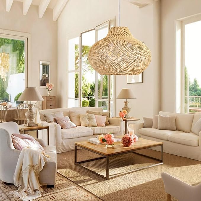 3-Light Rattan Pendant Light,18.9" Round Hanging Light,1-Pack Wicker Pendant Light Hand-Woven Rattan Chandelier for Workplace Dining Living Bedroom Kitchen Farmhouse
