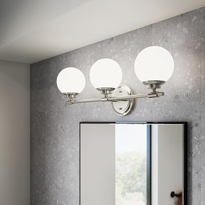 Kichler Benno 3-Light Bathroom Vanity Light Fixture, Modern LED Light with Opal Glass in Polished Nickel and Brushed Nickel, for Bathroom or Powder Room (8.75" x 24.5"), 55172PN