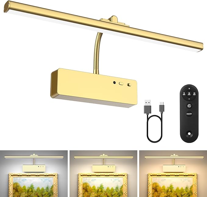 Lightbiz Picture Light, 15.35inch 5400mAh Rechargeable Picture Lights for Wall Battery Operated Wall Lights, 3 Colors Paintings Light Dimmable Art Light for Artwork, Gallery (Gold)