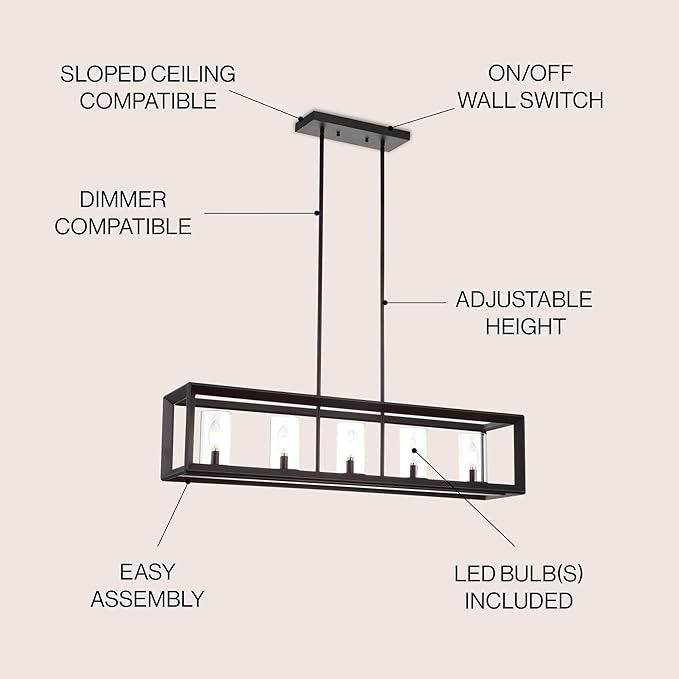 JONATHAN Y 38.5" Oil Rubbed Bronze Linear 5-Light LED Chandelier, Adjustable Clear Glass Shades Modern Pendant Light Fixture for Kitchen Island, Dining Room, ETL Listed JYL7414A